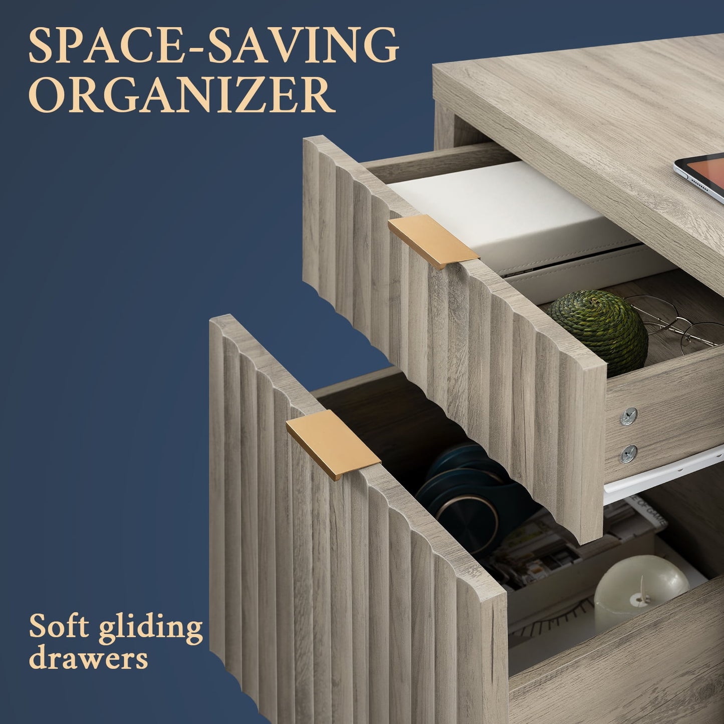 OAKHAM Nightstands, Rustic 2-Drawer Table with Charging Station & USB Ports, Gray Oak