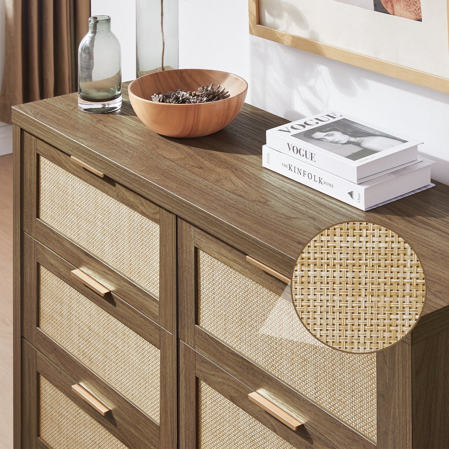 OAKHAM 6 Drawer Dresser, Rattan Wide Chest of Drawers for Bedroom Living Room, Special Walnut