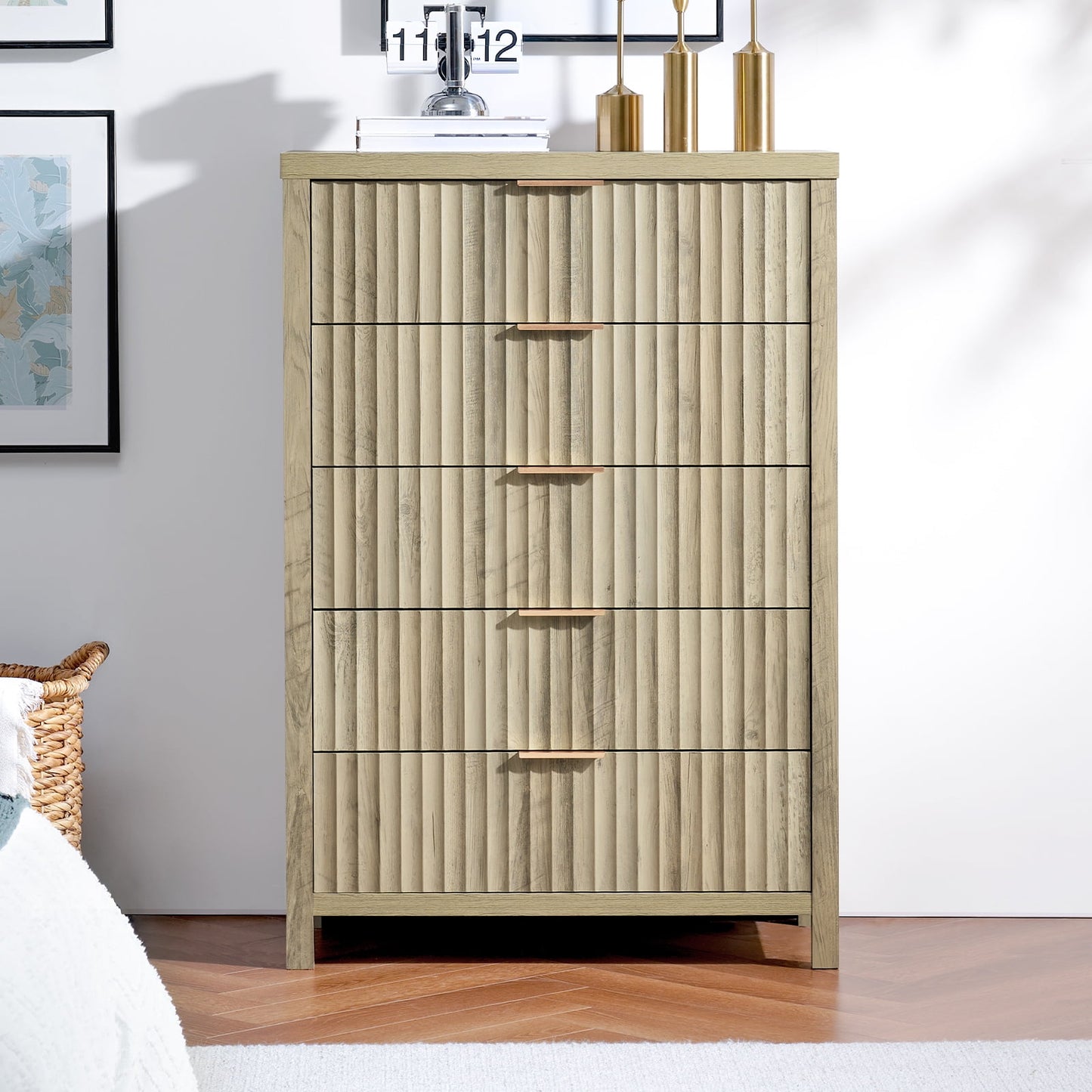 OAKHAM 5 Drawer Dresser, Fluted Vertical Chest of Drawers for Bedroom Living Room, Sunwashed Ash Oak