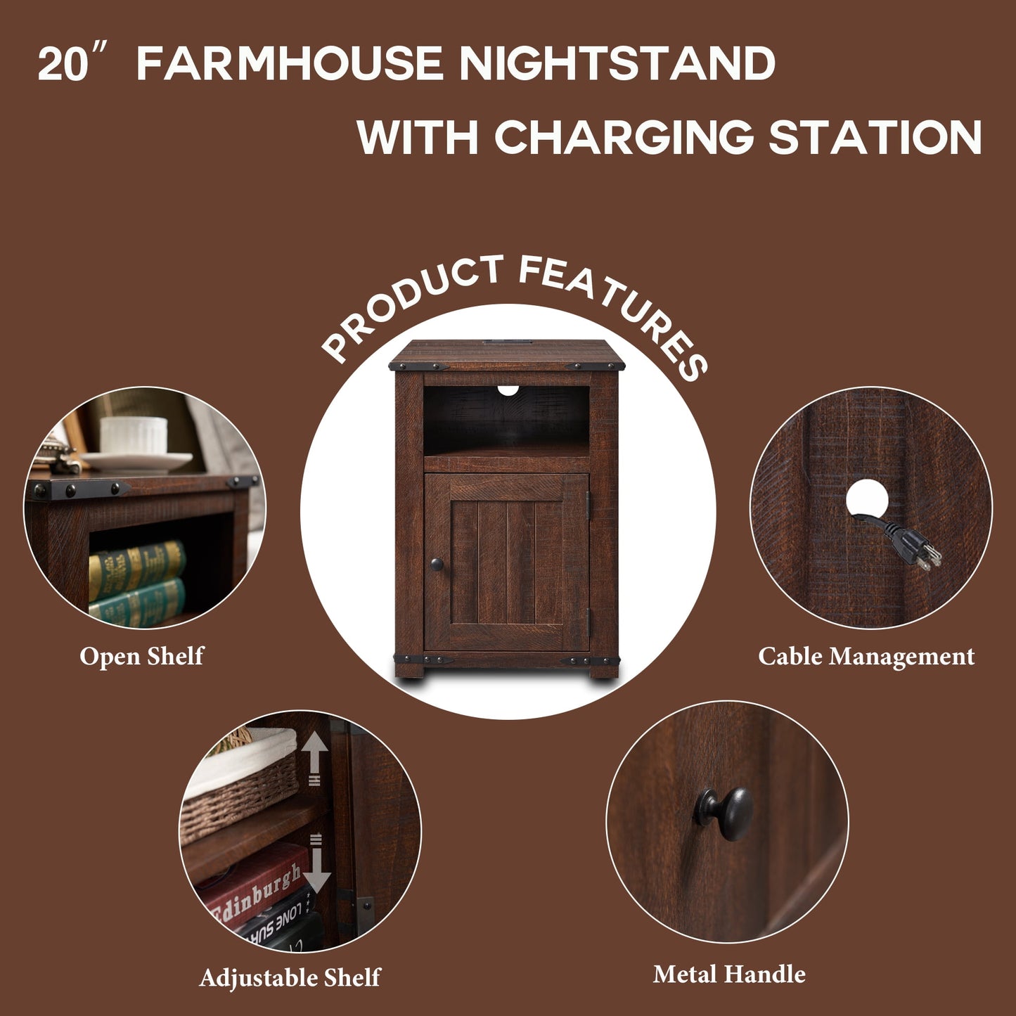 SinCiDo Nightstand with Charging Station, 20in Farmhouse End Table w/Groove Barn Door, Bedside Table