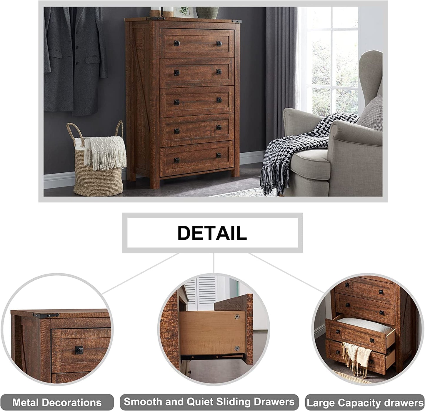 OKD 5 Drawers Dresser Chests for Bedroom Farmhouse, Wood Rustic Tall Chest of Drawers, Brown