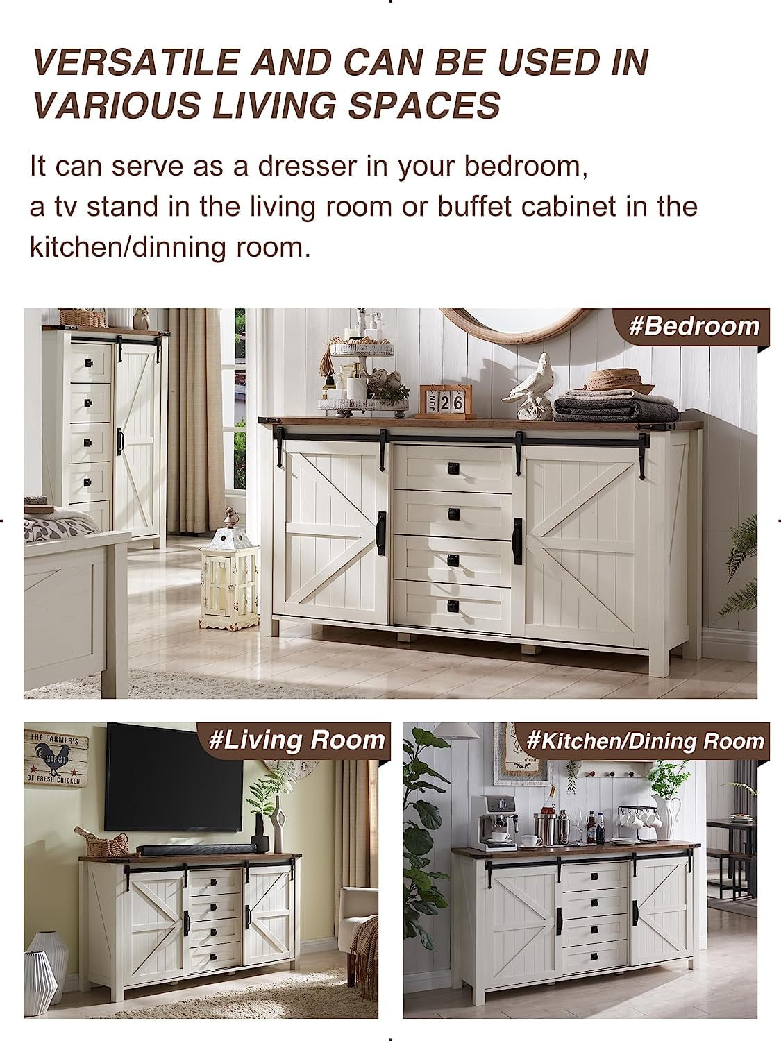 OKD 60in Farmhouse Dresser 4 Drawer with Sliding Barn Door Modern Storage Cabinet for Bedroom, Rustic Chest of Drawers Wood Organizer TV Stand for Living Room, Antique White