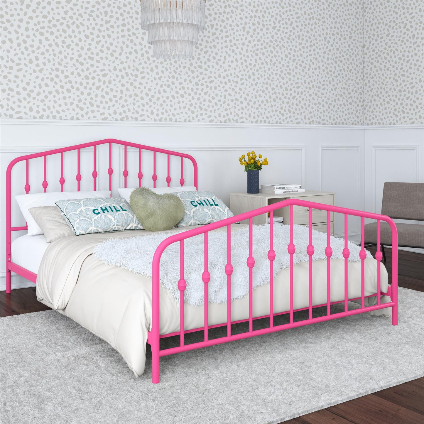 Novogratz Bushwick Metal Platform Bed Frame with Headboard, Queen, Hot Pink