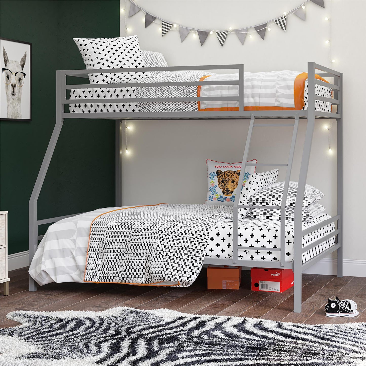 Novogratz Maxwell Twin-Over-Full Metal Bunk Bed with Ladder and Guardrails, Easy Assembly, Grey