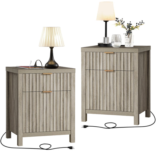 OAKHAM Farmhouse 2 Drawer Nightstand with Charging Station, Bedside Tables, Set of 2
