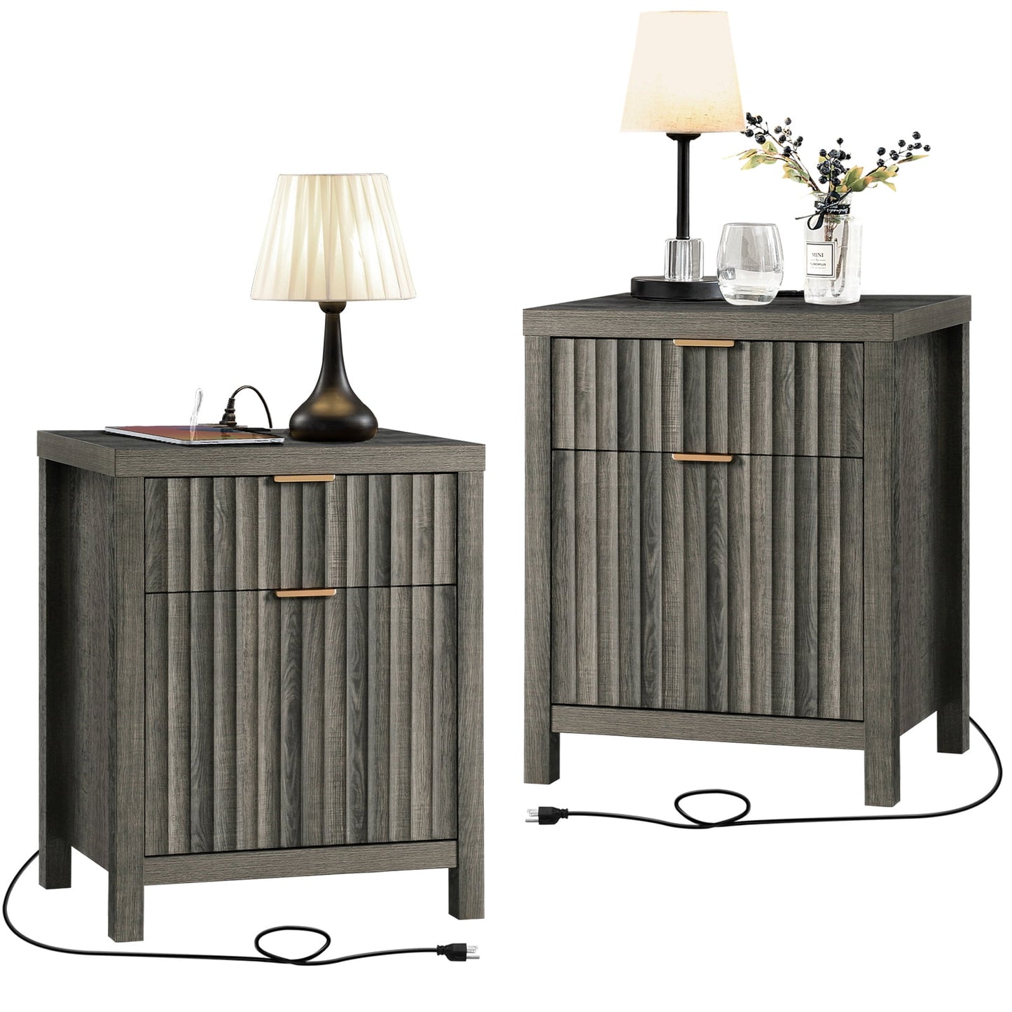 OAKHAM 2-Drawer Nightstand with Charging Station, Farmhouse Bedside Tables, Set of 2