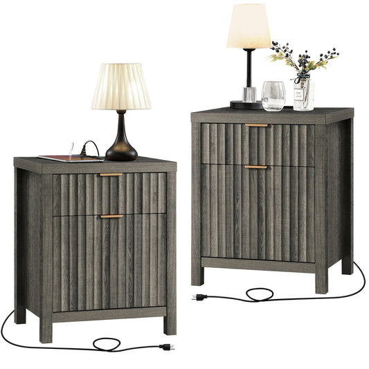 OAKHAM 2-Drawer Nightstand with Charging Station, Farmhouse Bedside Tables, Set of 2