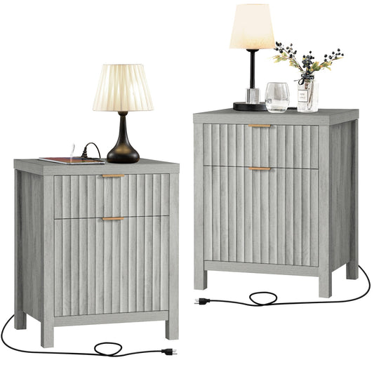 OAKHAM 2-Drawer Nightstand with Charging Station, Farmhouse Side Table, Set of 2