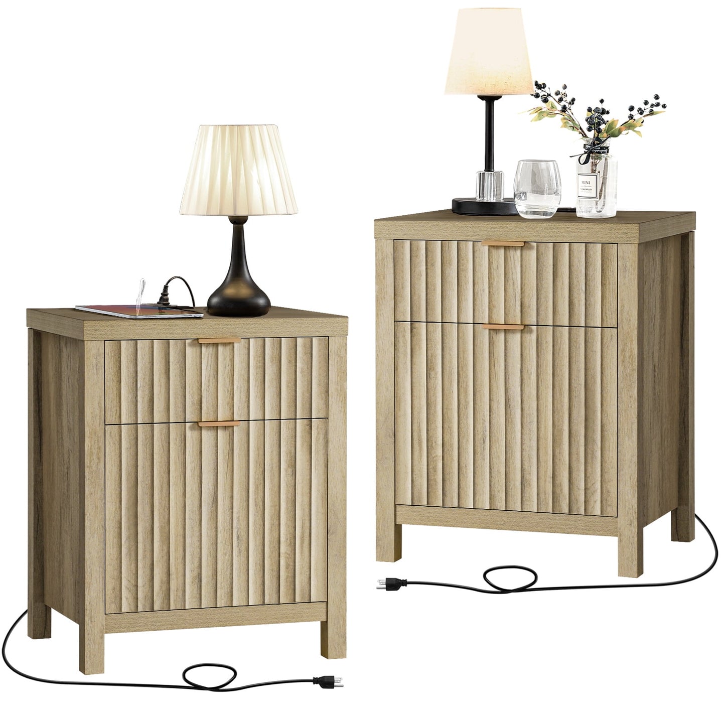 OAKHAM 2 Drawer Tall Wooden Nightstand with Modern Charging/USB Ports, Farmhouse Side Table, Set of 2, Sunwashed Ash Oak