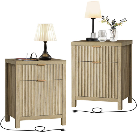 OAKHAM 2 Drawer Tall Wooden Nightstand with Modern Charging/USB Ports, Farmhouse Side Table, Set of 2, Sunwashed Ash Oak