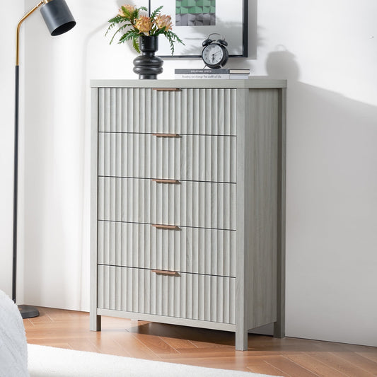 OAKHAM Modern 5-Drawer Dresser, Solid Wooden Deep Storage Chest for Bedroom, Living Room in Pale Oak