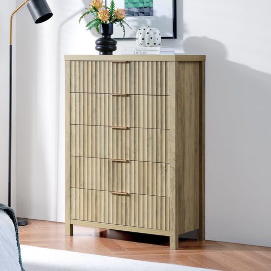 OAKHAM 5 Drawer Dresser, Fluted Vertical Chest of Drawers for Bedroom Living Room, Sunwashed Ash Oak