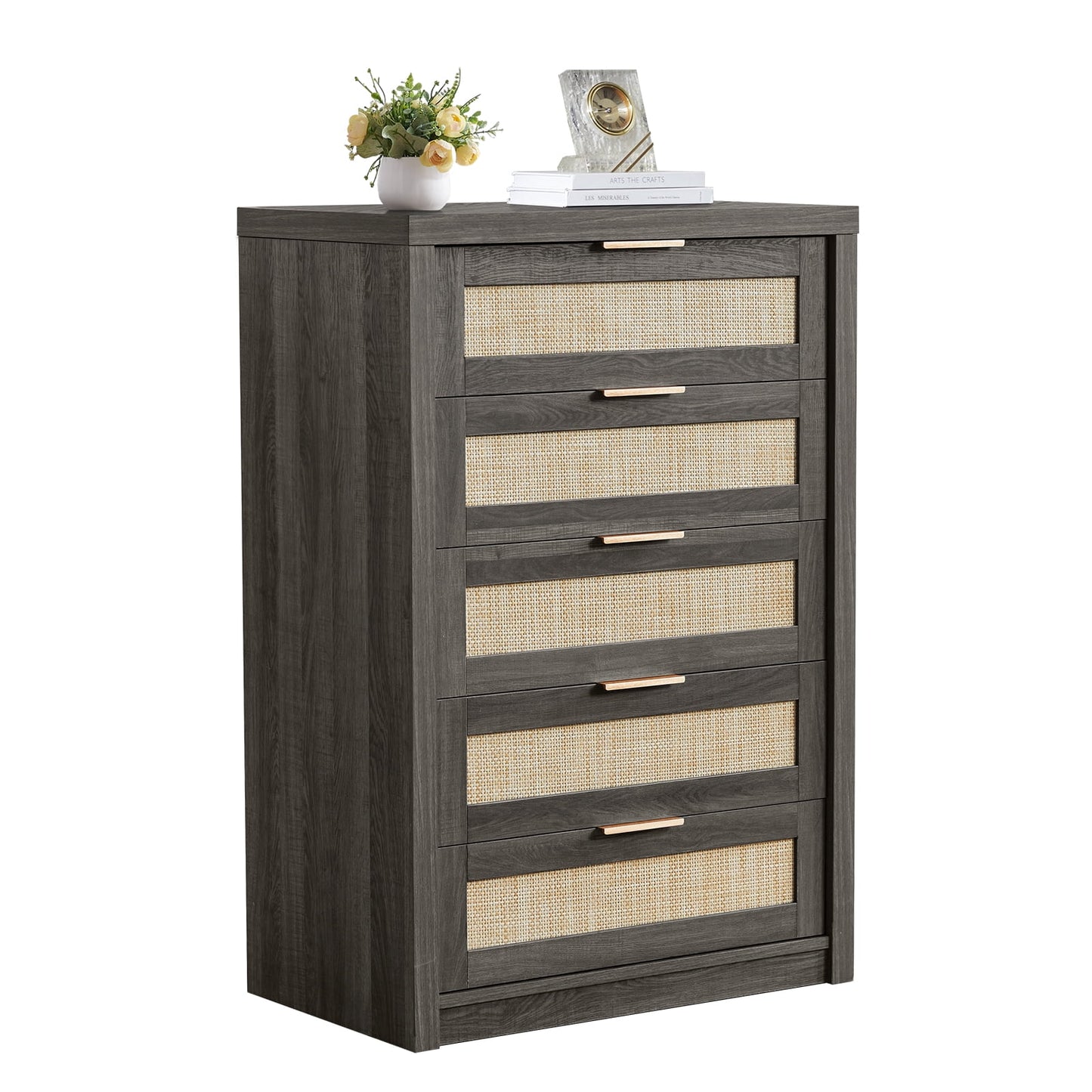 OAKHAM 5 Drawer Dresser, Rattan Wide Chest of Drawers for Bedroom Living Room, Midnight Oak
