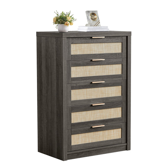 OAKHAM 5 Drawer Dresser, Rattan Wide Chest of Drawers for Bedroom Living Room, Midnight Oak
