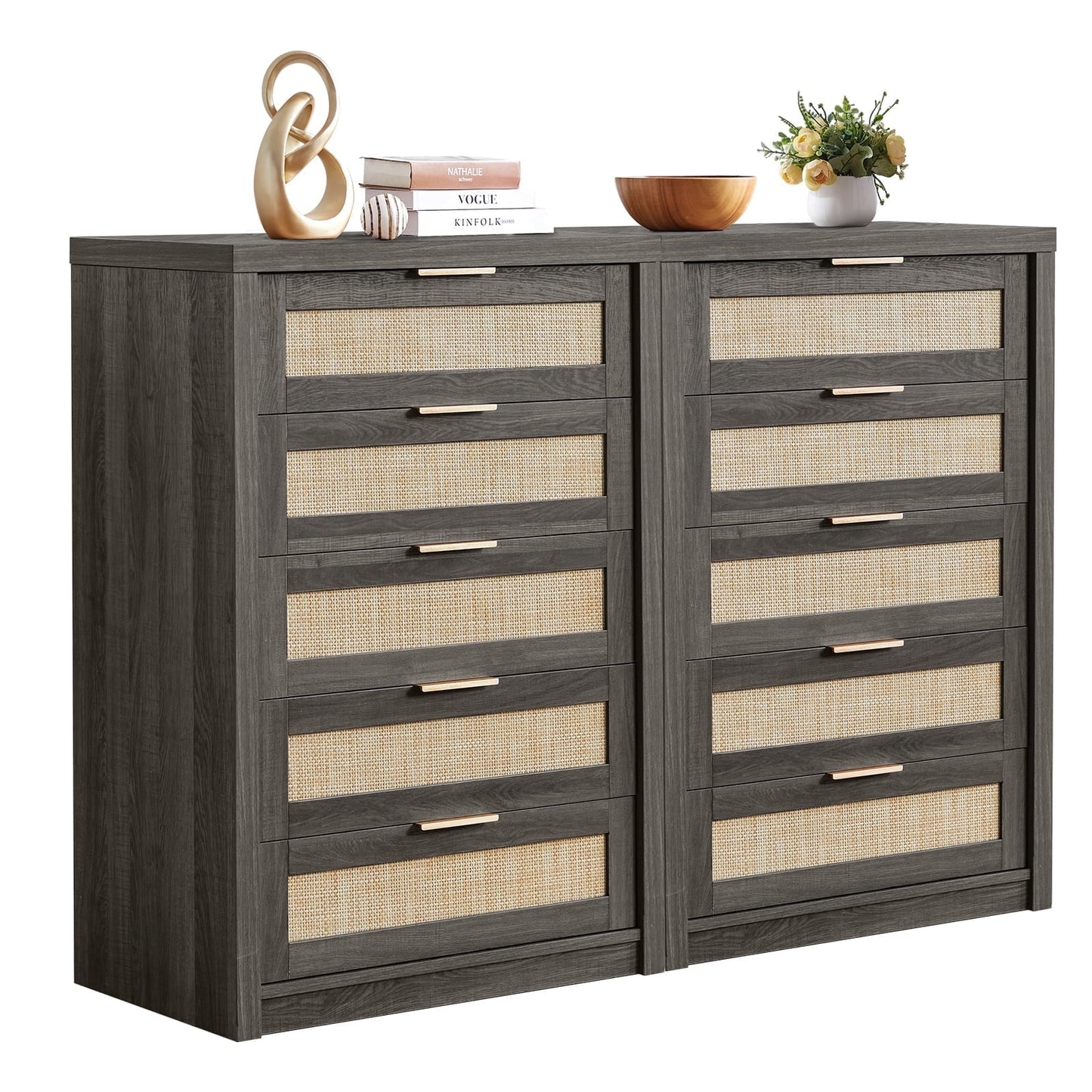 OAKHAM 5 Drawer Dresser, Rattan Wide Chest of Drawers for Bedroom Living Room, Set of 2, Midnight Oak