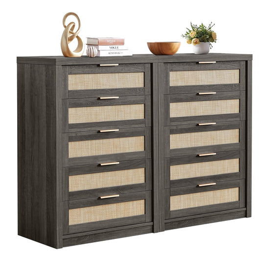 OAKHAM 5 Drawer Dresser, Rattan Wide Chest of Drawers for Bedroom Living Room, Set of 2, Midnight Oak