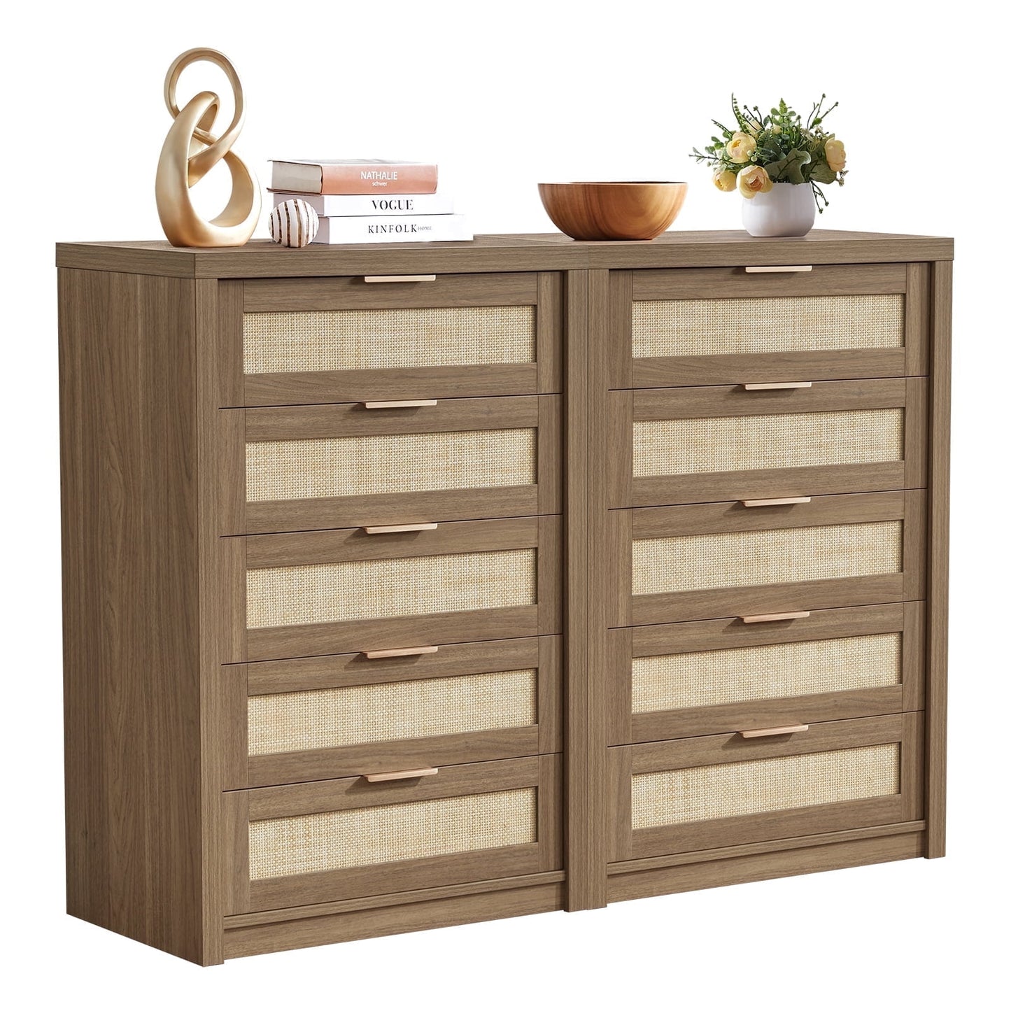 OAKHAM 5 Drawer Dresser, Rattan Wide Chest of Drawers for Bedroom Living Room, Set of 2, Special Walnut