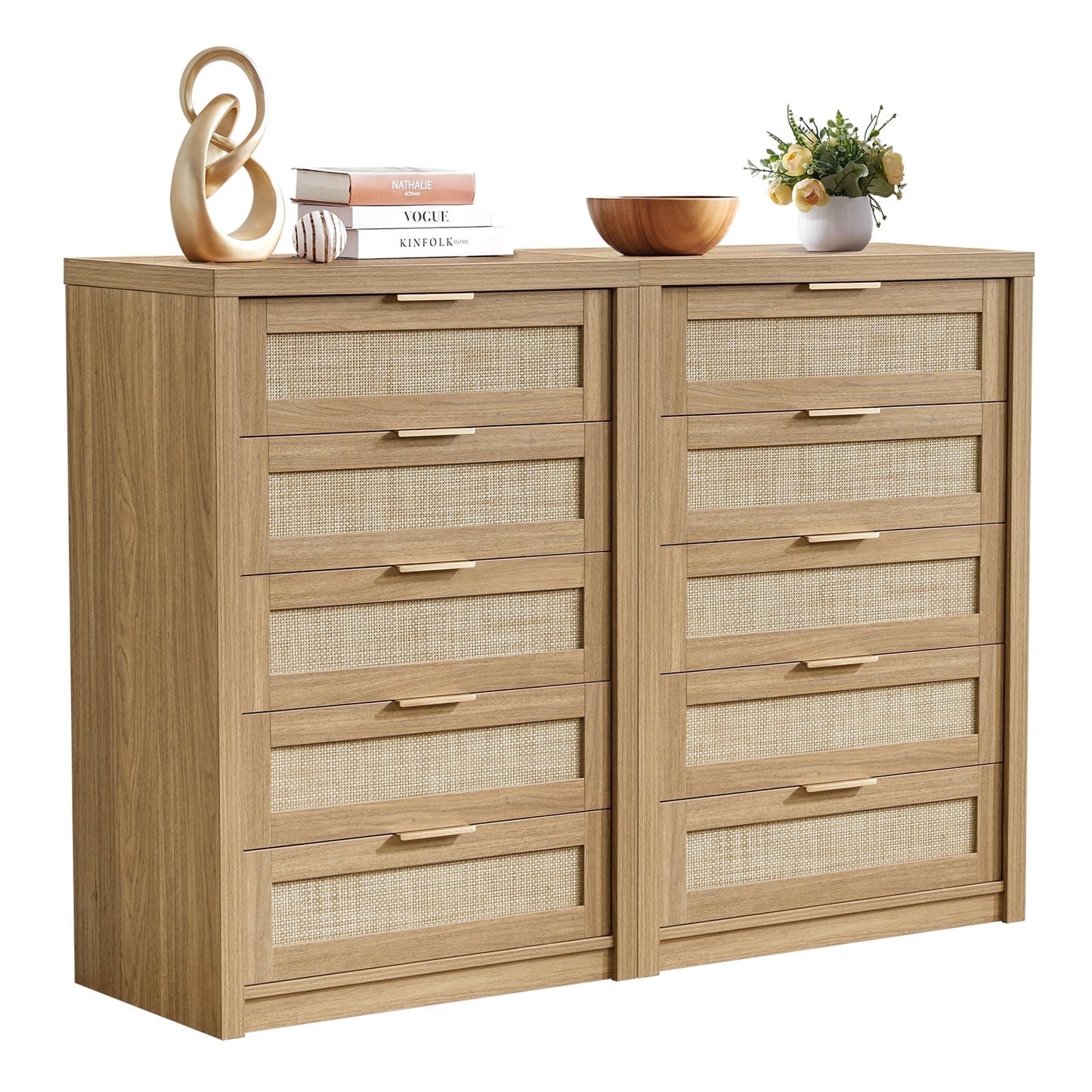 OAKHAM 5 Drawer Dresser, Rattan Wide Chest of Drawers for Bedroom Living Room, Set of 2, Weathered Oak