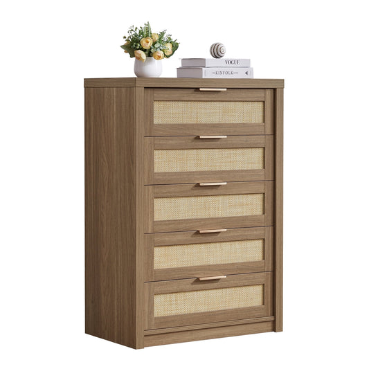 OAKHAM 5 Drawer Dresser, Rattan Wide Chest of Drawers for Bedroom Living Room, Special Walnut