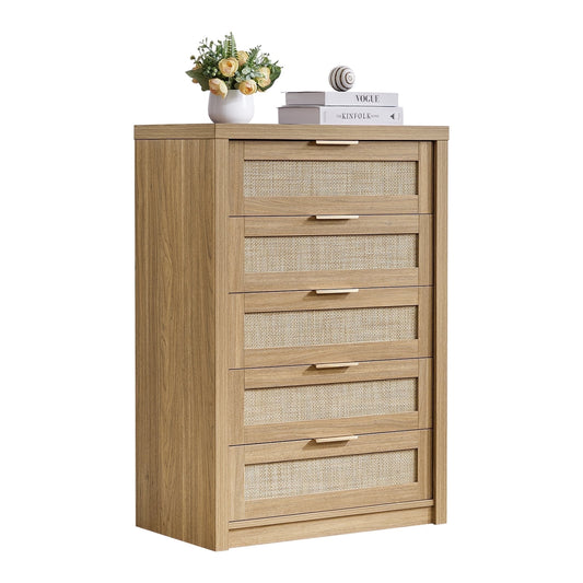 OAKHAM 5 Drawer Dresser, Rattan Wide Chest of Drawers for Bedroom Living Room, Weathered Oak