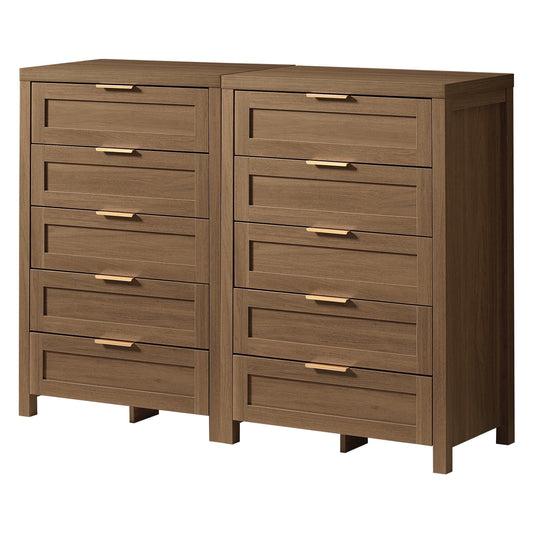 OAKHAM 5 Drawer Dresser Set of 2, Modern Wooden Chests of Drawers, Tall Dressers for Bedroom, Special Walnut
