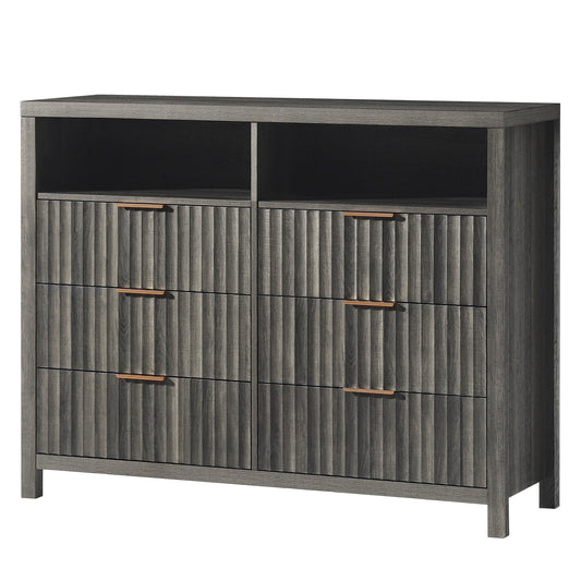 OAKHAM 6 Drawer Dresser, Fluted Wide Chest of Drawers for Bedroom Living Room, Midnight Oak