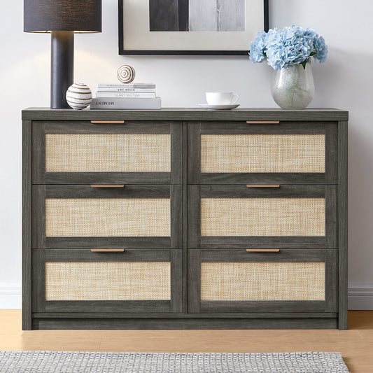 OAKHAM 6 Drawer Dresser, Rattan Wide Chest of Drawers for Bedroom Living Room, Midnight Oak