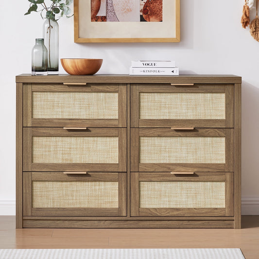 OAKHAM 6 Drawer Dresser, Rattan Wide Chest of Drawers for Bedroom Living Room, Special Walnut