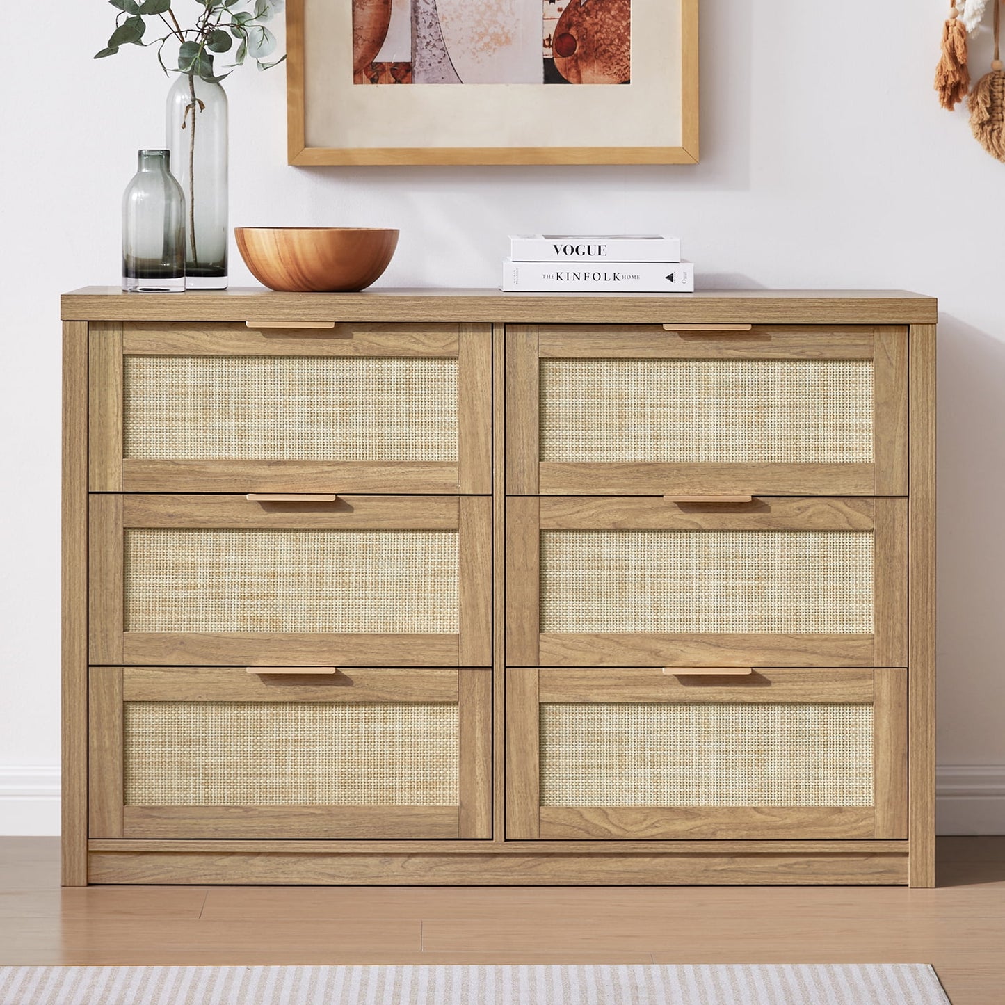 OAKHAM 6 Drawer Dresser, Rattan & Modern Wood Wide Chest of Drawers for Bedroom Living Room