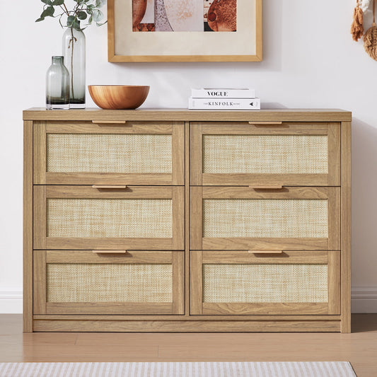 OAKHAM 6 Drawer Dresser, Rattan & Modern Wood Wide Chest of Drawers for Bedroom Living Room