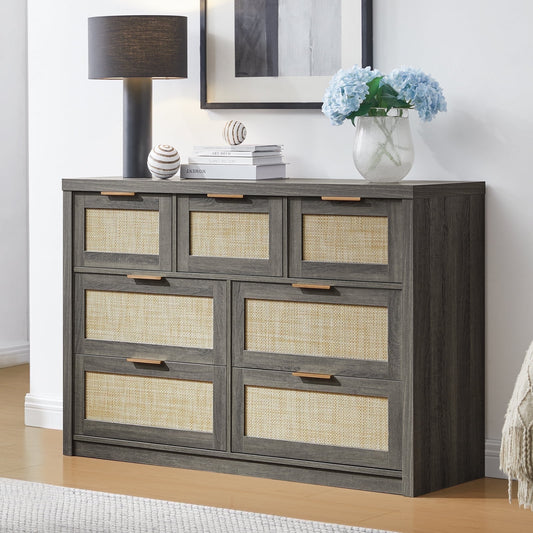 OAKHAM 7 Drawer Dresser, Rattan Wide Chest of Drawers for Bedroom Living Room, Midnight Oak