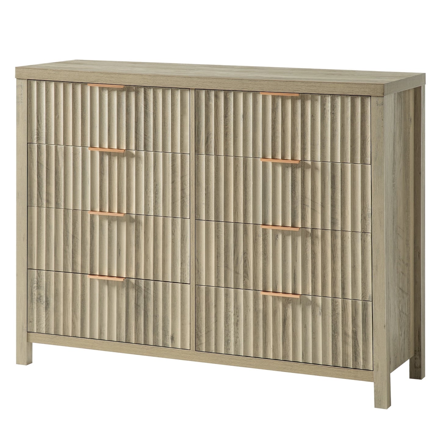 OAKHAM 8 Drawer Dresser, Fluted Wide Chest of Drawers for Bedroom Living Room, Sunwashed Ash Oak