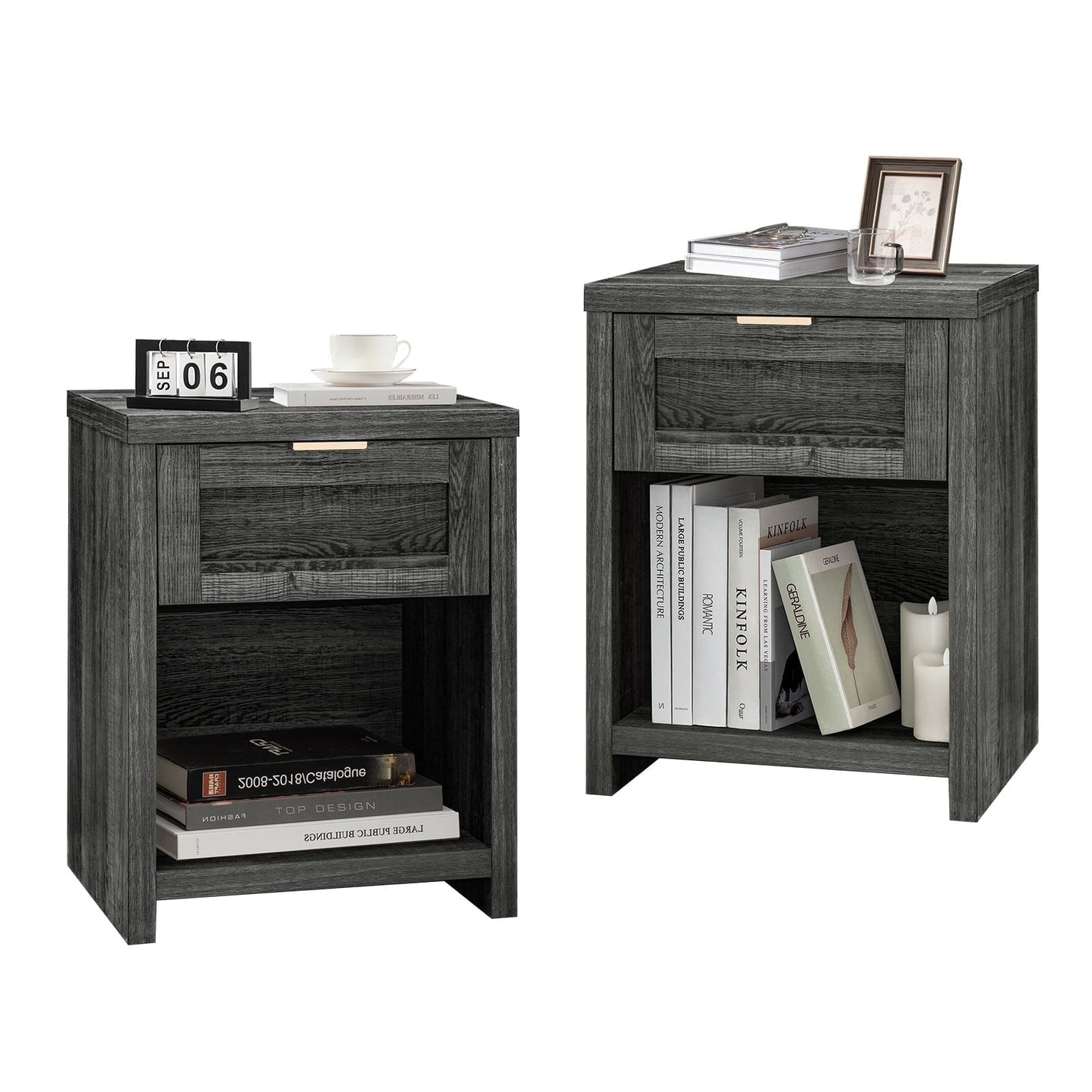 OAKHAM Farmhouse Nightstands Set of 2, Boho End Table with Drawer and Open Shelf, Bedside Table for Bedroom Living Room, Midnight Oak