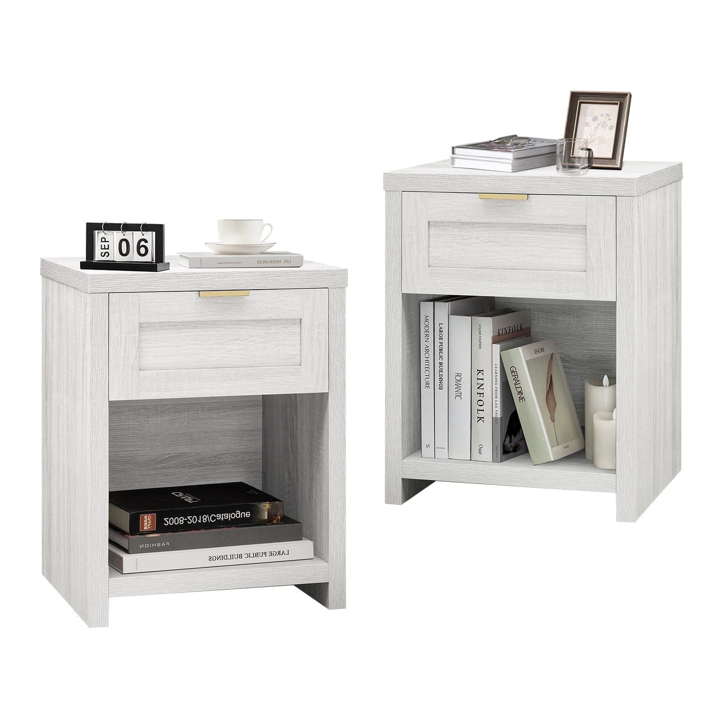 OAKHAM Farmhouse Nightstands Set of 2, Boho End Table with Drawer and Open Shelf, Bedside Table for Bedroom Living Room, Pale Oak