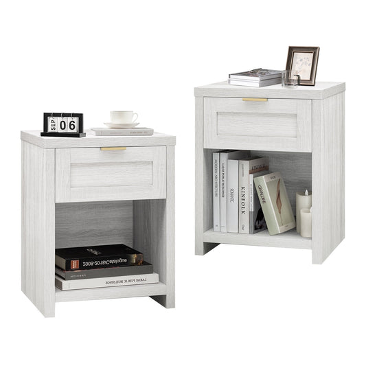 OAKHAM Farmhouse Nightstands Set of 2, Boho End Table with Drawer and Open Shelf, Bedside Table for Bedroom Living Room, Pale Oak