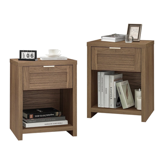 OAKHAM Farmhouse Nightstands Set of 2, Boho End Table with Drawer and Open Shelf, Bedside Table for Bedroom Living Room, Special Walnut