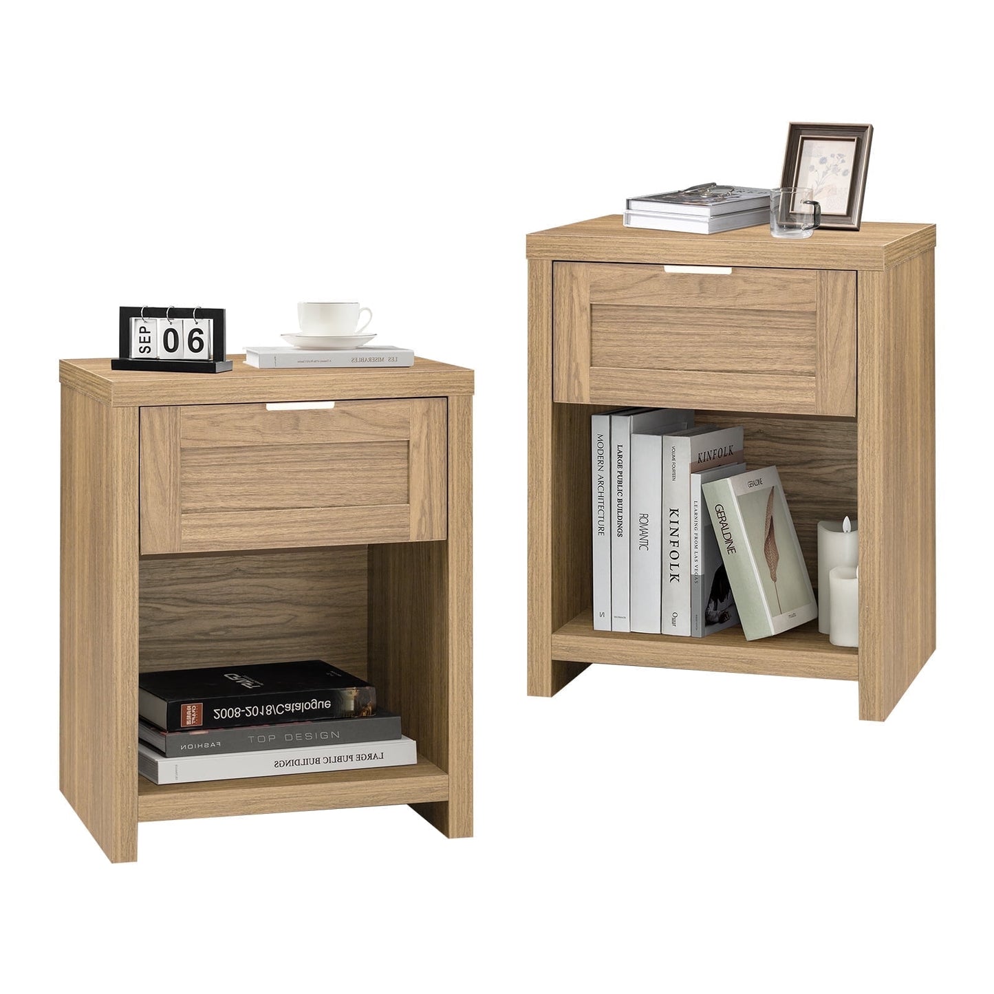 OAKHAM Farmhouse Nightstands Set of 2, Boho End Table with Drawer and Open Shelf, Bedside Table for Bedroom Living Room, Weathered Oak