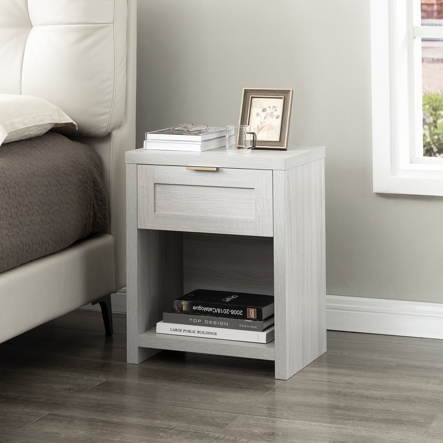 OAKHAM Farmhouse Nightstand, Boho End Table with Drawer and Open Shelf, Bedside Table for Bedroom Living Room, Pale Oak