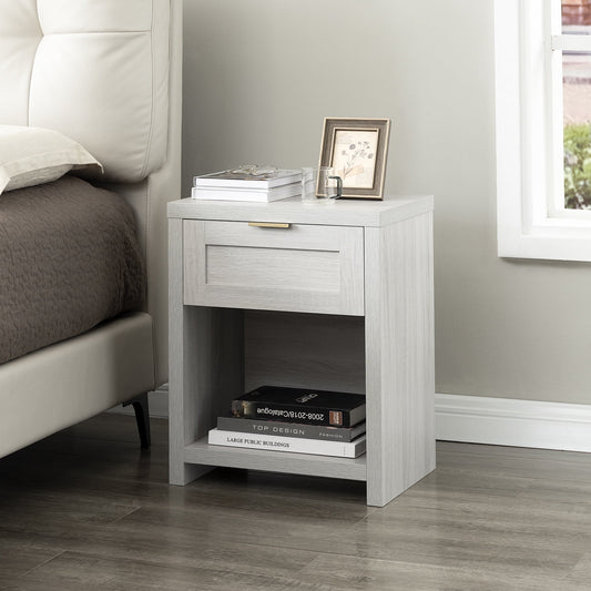 OAKHAM Farmhouse Nightstand, Boho End Table with Drawer and Open Shelf, Bedside Table for Bedroom Living Room, Pale Oak