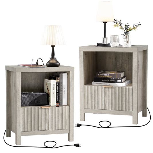 OAKHAM Pair of Nightstands with Drawers & USB/Type-C Charging Station, Bedroom End Tables, Gray Oak