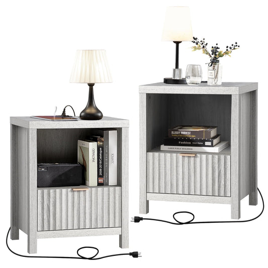 OAKHAM Nightstand Pair with Charge Ports, Modern Wood Bedside Tables with Drawers ,Pack of 2, Pale Oak