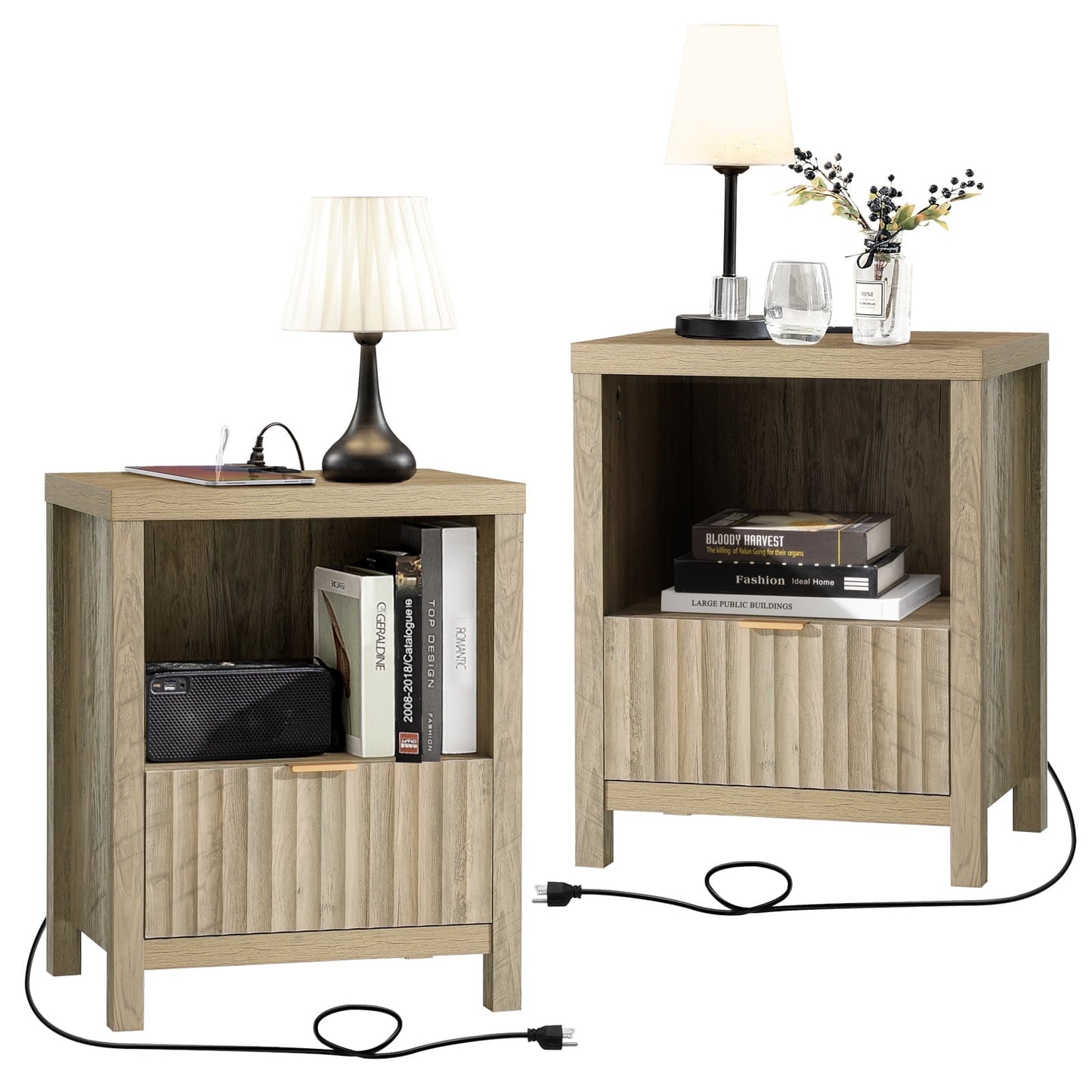 OAKHAM Nightstand with Charging Station, Bedside Tables with USB/Type-C Ports, Farmhouse Side Table End Table for Bedroom, Living Room, Set of 2, Sunwashed Ash Oak