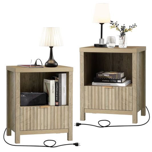 OAKHAM Nightstand with Charging Station, Bedside Tables with USB/Type-C Ports, Farmhouse Side Table End Table for Bedroom, Living Room, Set of 2, Sunwashed Ash Oak