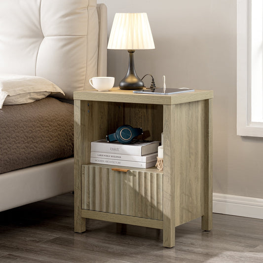 OAKHAM Nightstand with Charging Station, Bedside Tables with USB/Type-C Ports, Farmhouse Side Table End Table for Bedroom, Living Room, Sunwashed Ash Oak