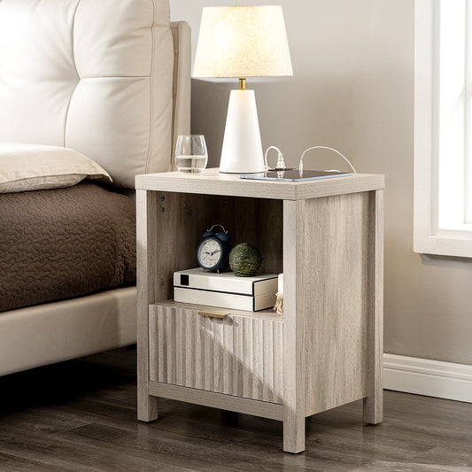 OAKHAM Nightstand with Charging Station, Bedside Tables with USB/Type-C Ports, Farmhouse Side Table End Table for Bedroom, Living Room, Gray Oak