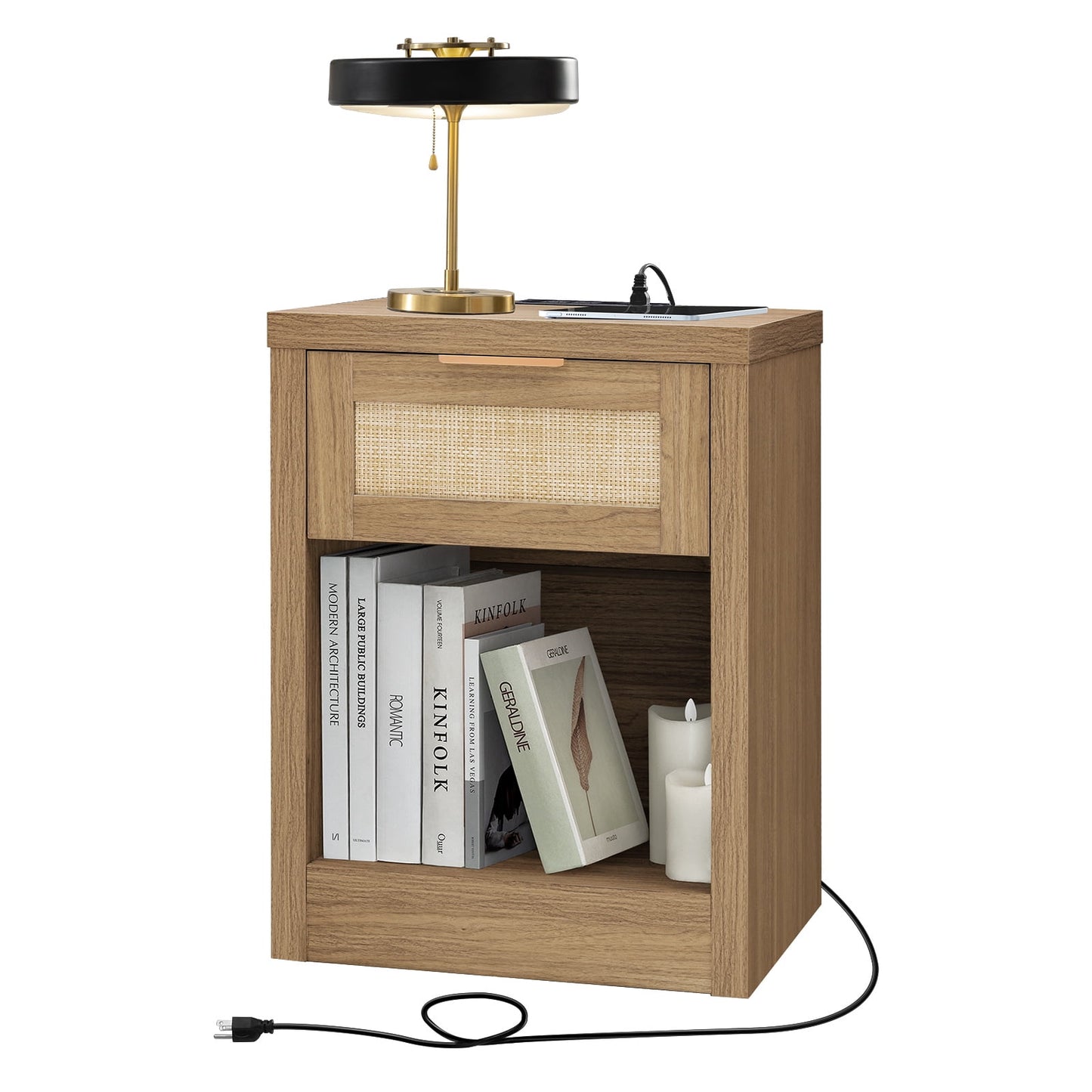 OAKHAM Rattan Nightstand with Charging Station, Bedside Table with Type-C/USB Port, Boho Side Tables End Table for Living Room, Bedroom, Weathered Oak