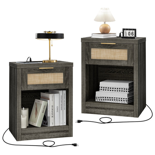 OAKHAM Rattan Nightstand set of 2 with Charging Station, Bedside Table with Type-C/USB Port, Boho Side Tables End Table for Living Room, Bedroom, Midnight Oak