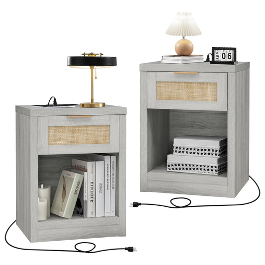 OAKHAM Rattan Nightstand set of 2 with Charging Station, Bedside Table with Type-C/USB Port, Boho Side Tables End Table for Living Room, Bedroom, Pale Oak
