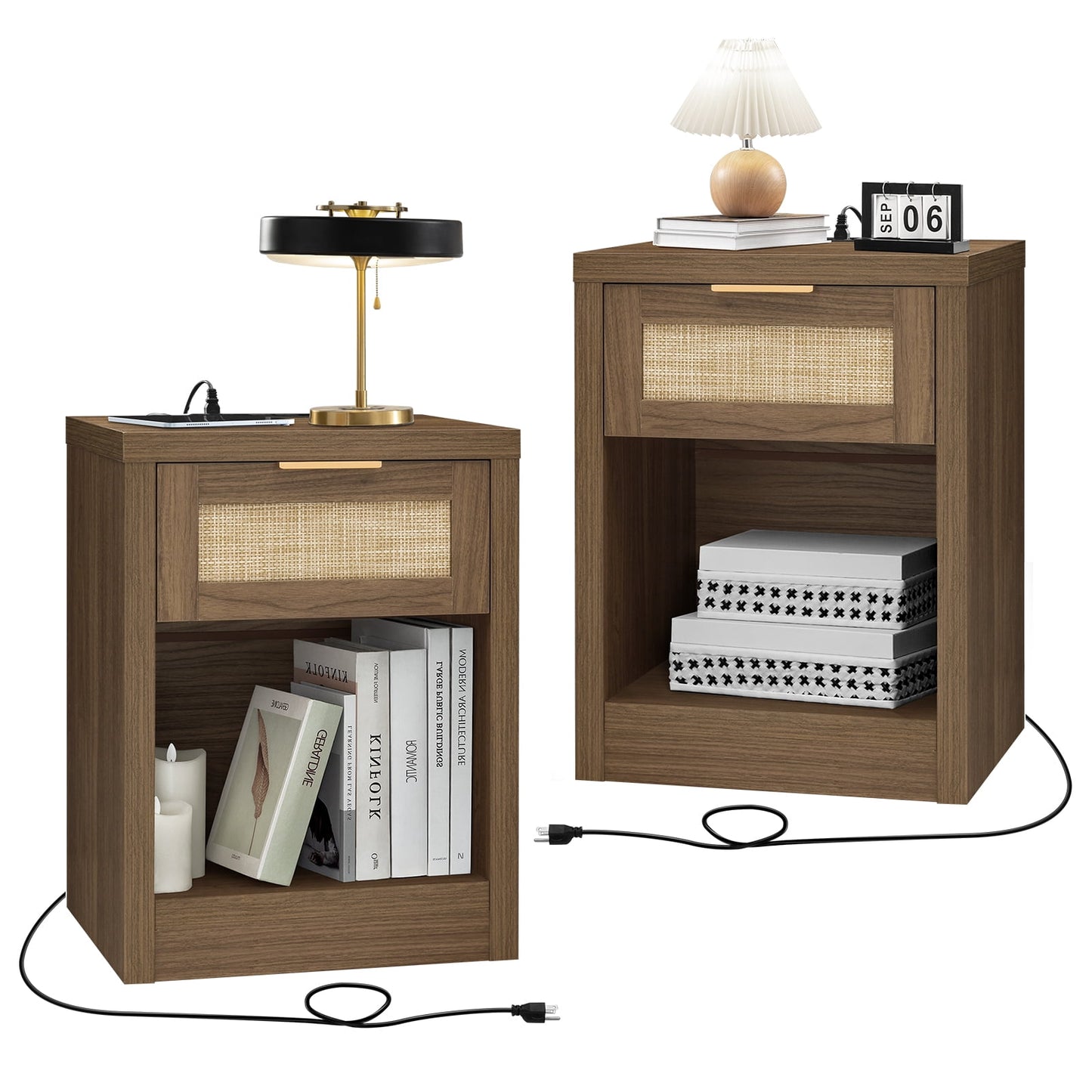 OAKHAM Rattan Nightstand set of 2 with Charging Station, Bedside Table with Type-C/USB Port, Boho Side Tables End Table for Living Room, Bedroom, Special Walnut