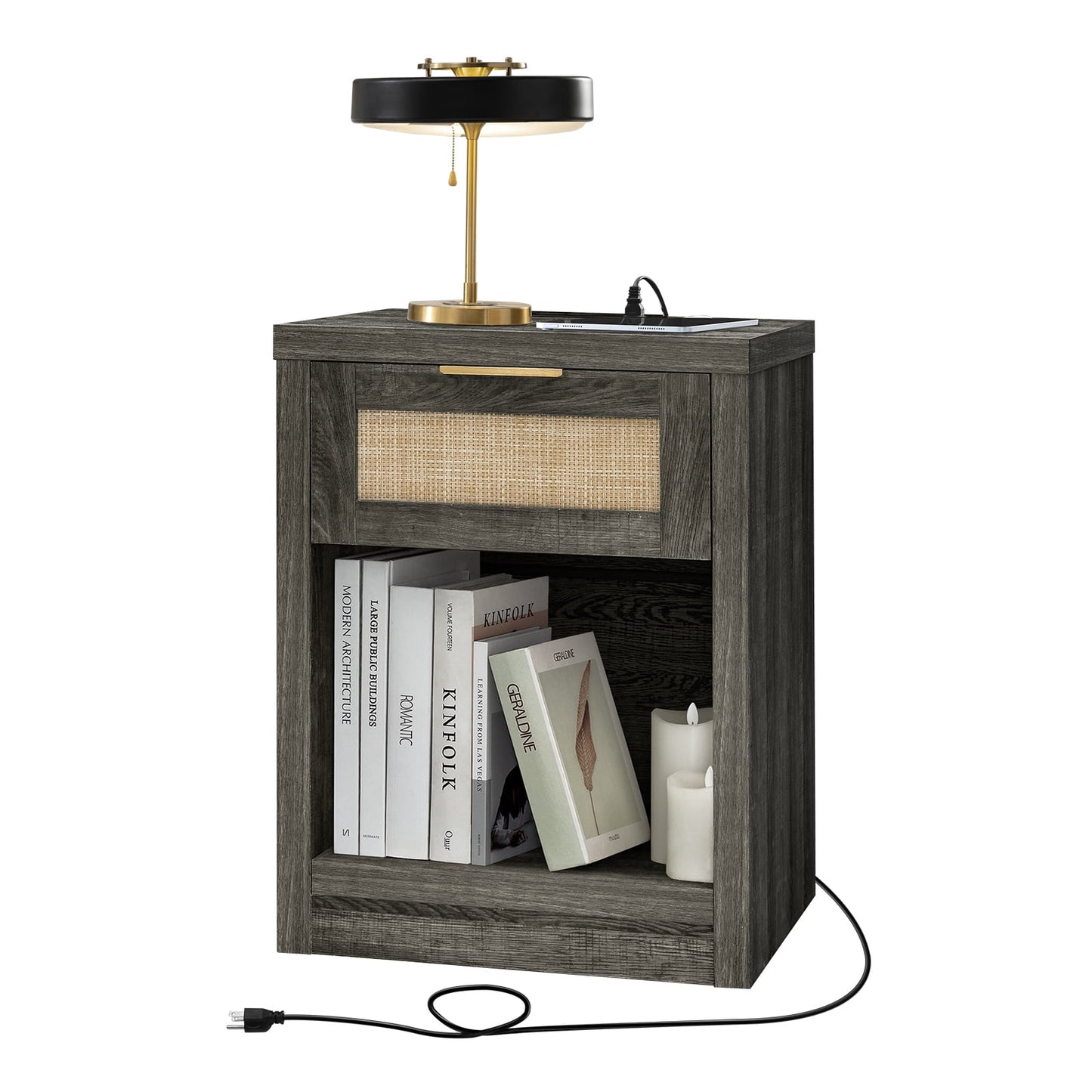 OAKHAM Rattan Nightstand with Charging Station, Bedside Table with Type-C/USB Port, Boho Side Tables End Table for Living Room, Bedroom, Midnight Oak